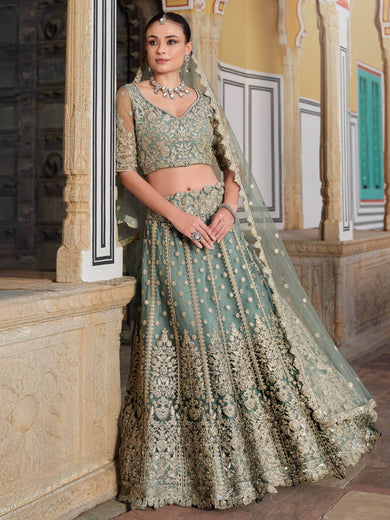 Charming Pista Green Zari Work Net Bridesmaid Lehenga Choli With Dupatta